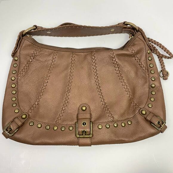 Isabella Fiore | Whip Flashback Audra Brown Pebble Leather Studded Hobo Handbag - Picture 2 of 11